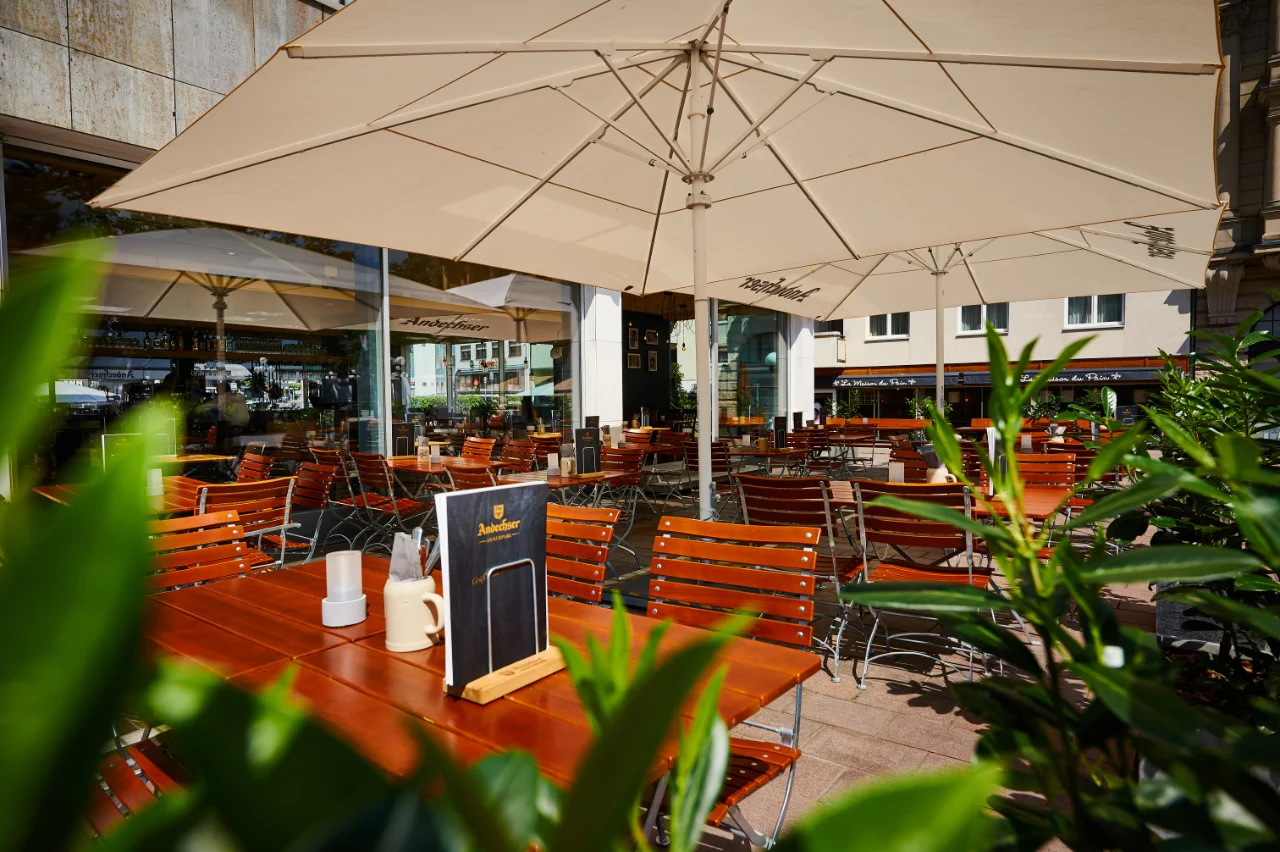 View of the cozy and expansive outdoor beer garden